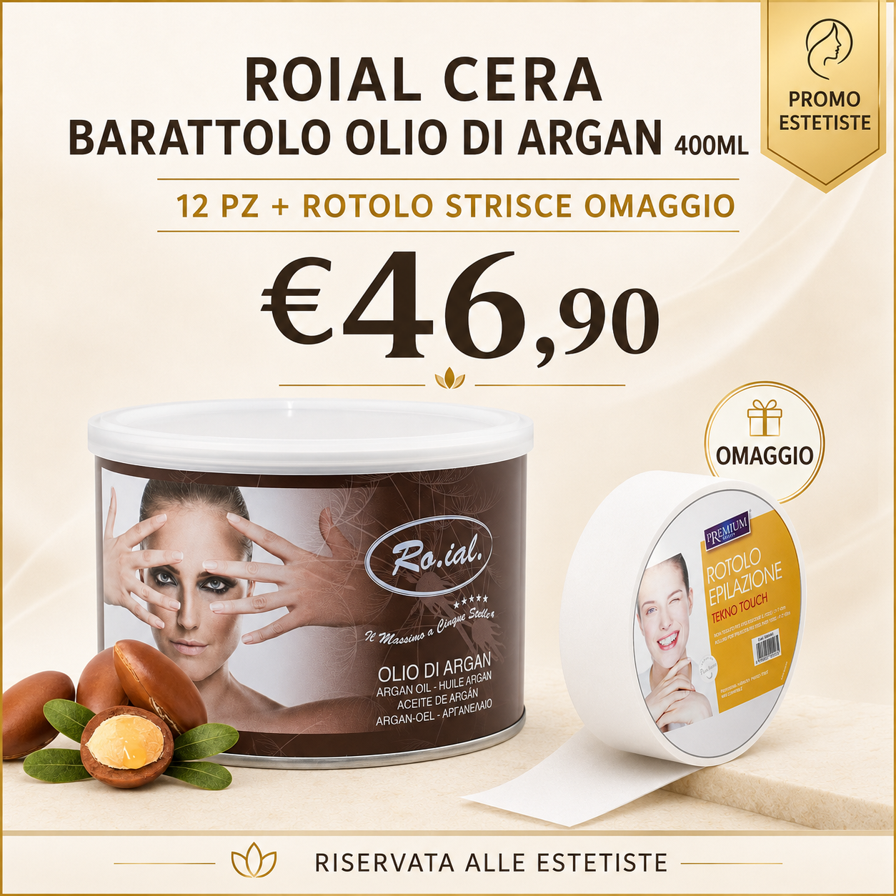 ROIAL CERA BARATTOLO OLIO DI ARGAN 400ML 12 PZ + ROTOLO STRISCE OMAGGIO